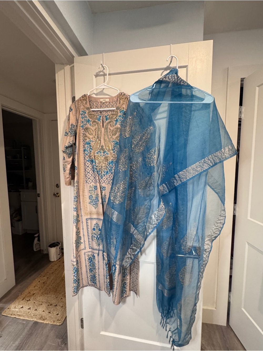 Embroidered Cream Long Sleeve Dress with Blue Sheer Dupatta